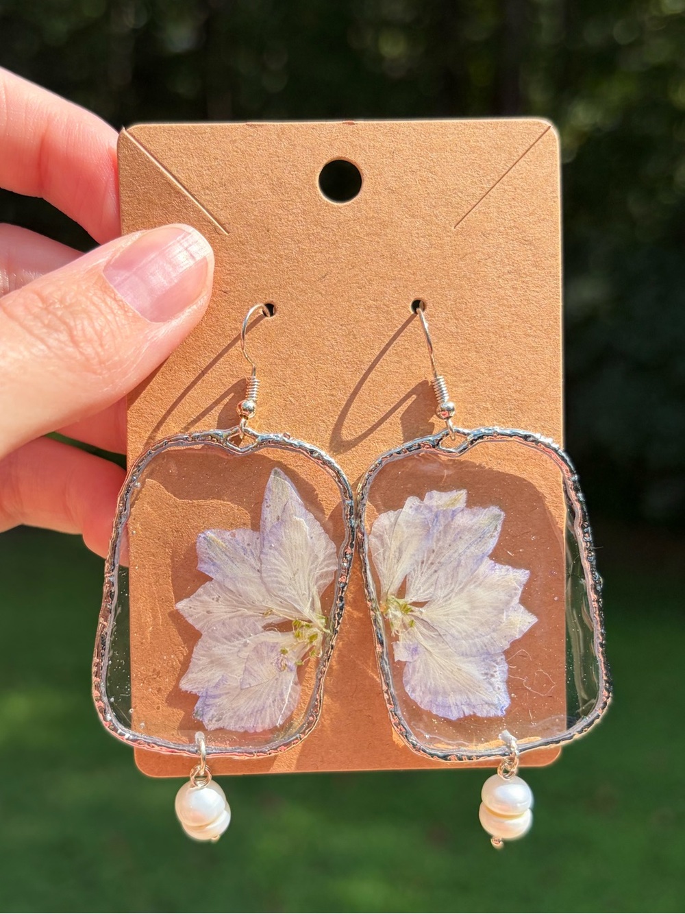 E31 Handmade Real Pressed Flower Resin Earrings Silver Floral Botanical Jewelry